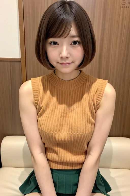 Japanese female 1 person、View your audience,  brown short hair,  Ultra mini skirt, Super short skirt, shirt, Expose your shoulders, medium chest, Sitting, Sleeveless,   Bobcut, Green Skirt, ribbed sweater,  orange shirt, Sleeveless sweater, orange sweater, (Exposed panties:1.15, 
