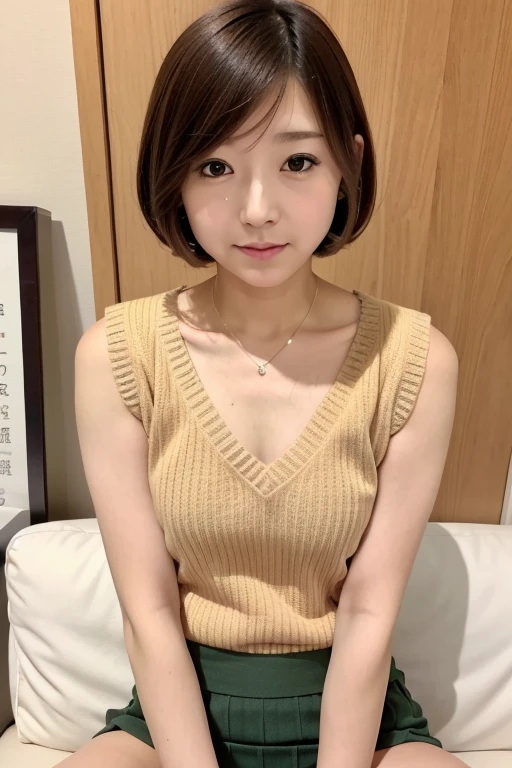 Japanese female 1 person、View your audience,  brown short hair,  Ultra mini skirt, Super short skirt, shirt, Expose your shoulders, medium chest, Sitting, Sleeveless,   Bobcut, Green Skirt, ribbed sweater,  orange shirt, Sleeveless sweater, orange sweater, (Exposed panties:1.15, 
