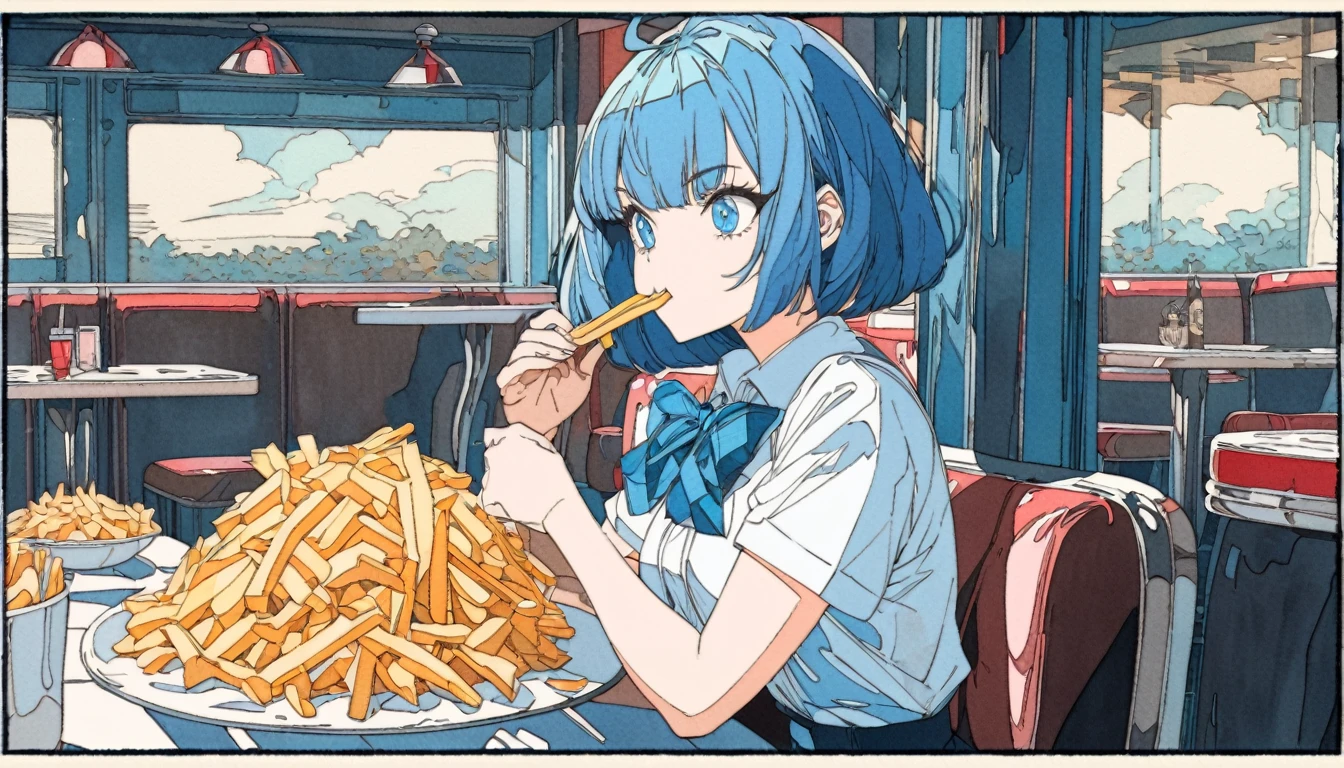 (((beautiful detailed)))(cute face:1.2)1girl, A girl stuffing her face with french fries, Girl laughing while eating a pile of french fries, Inside a 1950s-style diner, 1950s-style interior, Navy blue hair, blue eyes, A short-sleeved white shirt with four vertical bow ties, Ahoge, long bob cut with fluffy hair(sharp lines:1.2)(clear line:1.2)(eye details:1.3)(thick border:1.4) animation cel style,ligne claire, limited palette((masterpiece, high quality, best quality))(low contrast: 0.5),Anna yanami, blue hair, blue eyes, school uniform, makeine, too many losing heroines,Watercolor style, watercolor pencil, paper texture,90s style,Anna yanami, blue hair, blue eyes, school uniform, makeine, too many losing heroines, 
