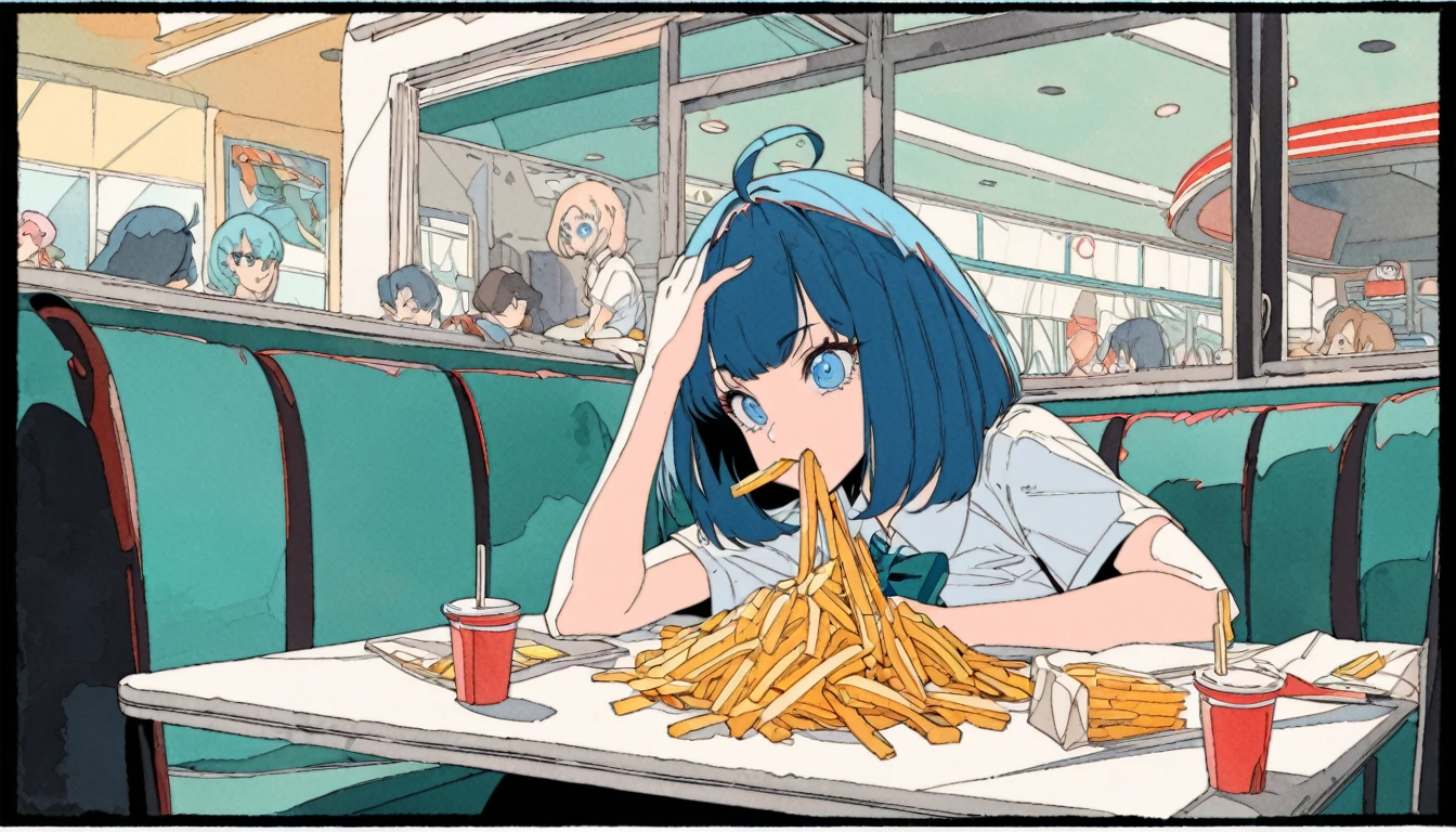 (((beautiful detailed)))(cute face:1.2)1girl, A girl stuffing her face with french fries, Girl laughing while eating a pile of french fries, Inside a 1950s-style diner, 1950s-style interior, Navy blue hair, blue eyes, A short-sleeved white shirt with four vertical bow ties, Ahoge, long bob cut with fluffy hair(sharp lines:1.2)(clear line:1.2)(eye details:1.3)(thick border:1.4) animation cel style,ligne claire, limited palette((masterpiece, high quality, best quality))(low contrast: 0.5),Anna yanami, blue hair, blue eyes, school uniform, makeine, too many losing heroines,Watercolor style, watercolor pencil, paper texture,90s style,Anna yanami, blue hair, blue eyes, school uniform, makeine, too many losing heroines, 
