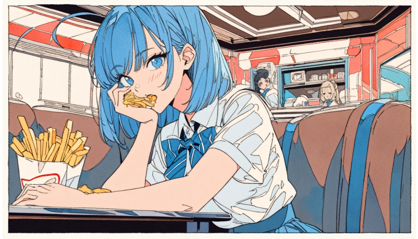 (((beautiful detailed)))(cute face:1.2)1girl, A girl stuffing her face with french fries, Girl laughing while eating a pile of french fries, Inside a 1950s-style diner, 1950s-style interior, Navy blue hair, blue eyes, A short-sleeved white shirt with four vertical bow ties, Ahoge, long bob cut with fluffy hair(sharp lines:1.2)(clear line:1.2)(eye details:1.3)(thick border:1.4) animation cel style,ligne claire, limited palette((masterpiece, high quality, best quality))(low contrast: 0.5),Anna yanami, blue hair, blue eyes, school uniform, makeine, too many losing heroines,Watercolor style, watercolor pencil, paper texture,90s style,Anna yanami, blue hair, blue eyes, school uniform, makeine, too many losing heroines, 
