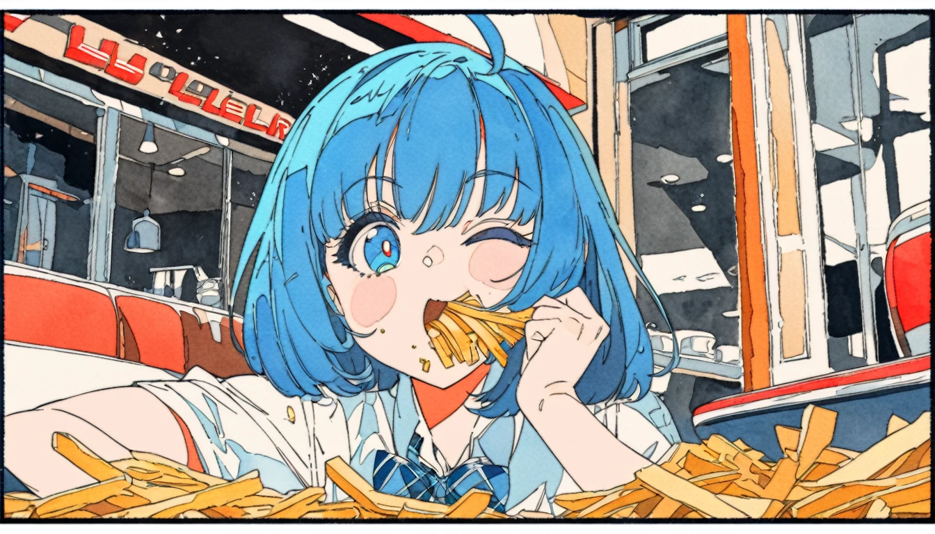 (((beautiful detailed)))(cute face:1.2)1girl, A girl stuffing her face with french fries, Girl laughing while eating a pile of french fries, Inside a 1950s-style diner, 1950s-style interior, Navy blue hair, blue eyes, A short-sleeved white shirt with four vertical bow ties, Ahoge, long bob cut with fluffy hair(sharp lines:1.2)(clear line:1.2)(eye details:1.3)(thick border:1.4) animation cel style,ligne claire, limited palette((masterpiece, high quality, best quality))(low contrast: 0.5),Anna yanami, blue hair, blue eyes, school uniform, makeine, too many losing heroines,Watercolor style, watercolor pencil, paper texture,90s style,Anna yanami, blue hair, blue eyes, school uniform, makeine, too many losing heroines, 
