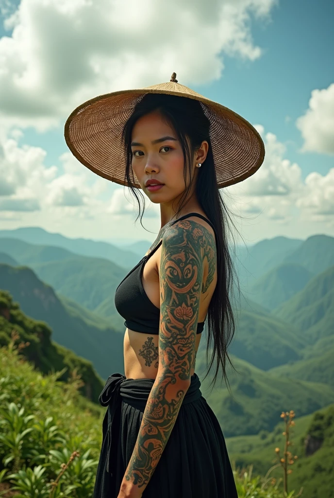 Thai woman with long hair and tattoos, pale face Wearing a torn brown sarong and a torn brown sarong Amidst the atmosphere of a Thai style house with many cobwebs and spiders. Night atmosphere Red moon, royal shrine, realistic image, black and white image 18K
