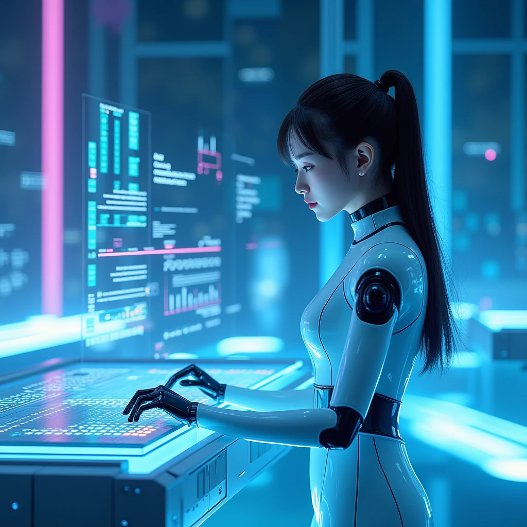 Create an image of a digital writing assistant representing ChatGPT, with a serene and futuristic presence, surrounded by holographic text fragments, within an advanced digital research environment designed to inspire and assist writers.