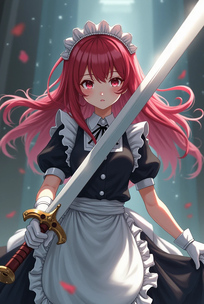 anime girl, pink hair, pink bunny ears, pink eyes, and pink fighting with a pink sword  and angry all covered in blood maid outfit with big busts 
  