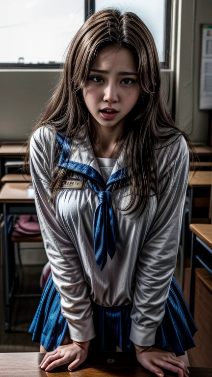 A cute high school girl in a sailor uniform, brown hair, fair skin, moaning face, sweaty, masturbating on the corner of a desk in the classroom, detailed facial features, solo female, NSFW, photorealistic, 8K, highly detailed, dramatic lighting, cinematic composition, hyper-realistic