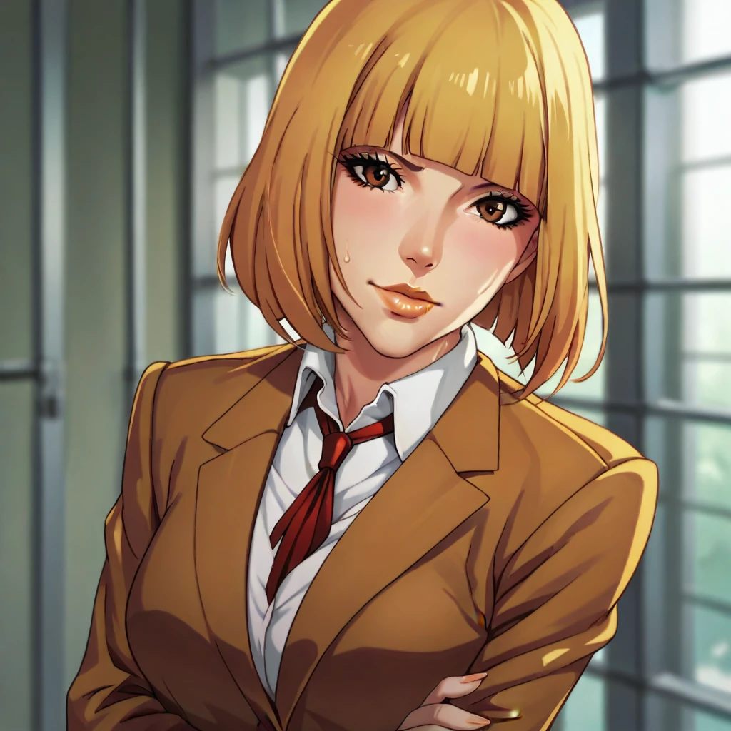 Flower Prison School, One girl, Alone, Blonde, uniform, Brown eyes, tie, Blunt bangs, compensate, lipstick, blazer, jacket, lips short hair, Sweaty, Under the arm Close up Under the arm