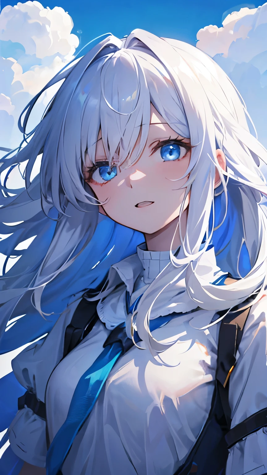1 girl, amazed expression, expressionless, amazed face, white hair, sky and cloud background, blue eyes, white t-shirt, hair blowing, messy hair, happy amazed face, vibrant color, detailed face, soft lighting, lighting details, long shiny hair, dream world