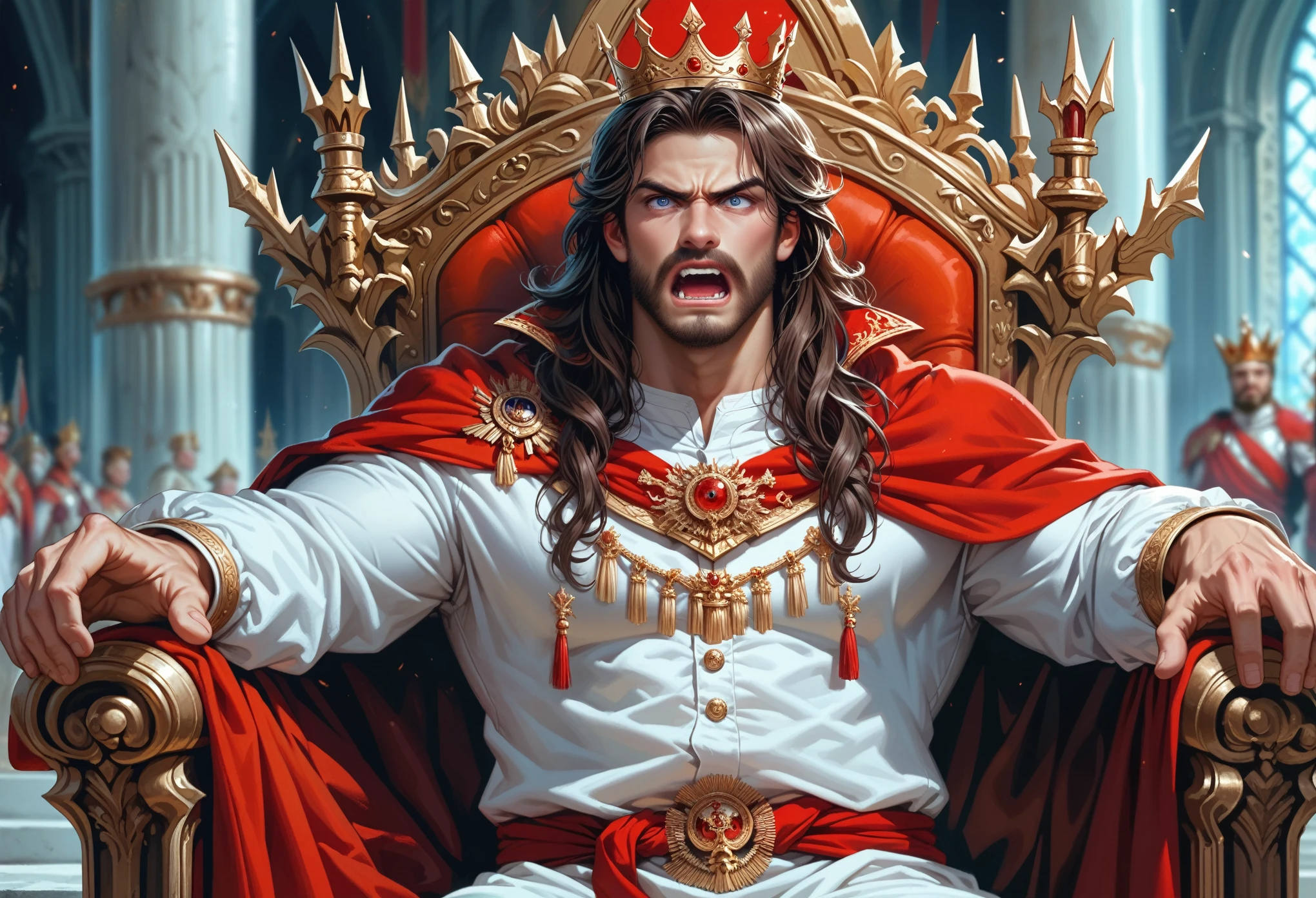 king of ancient Greece, man in blue clothes, HAIR OF GOLD, armour, sitting on his throne