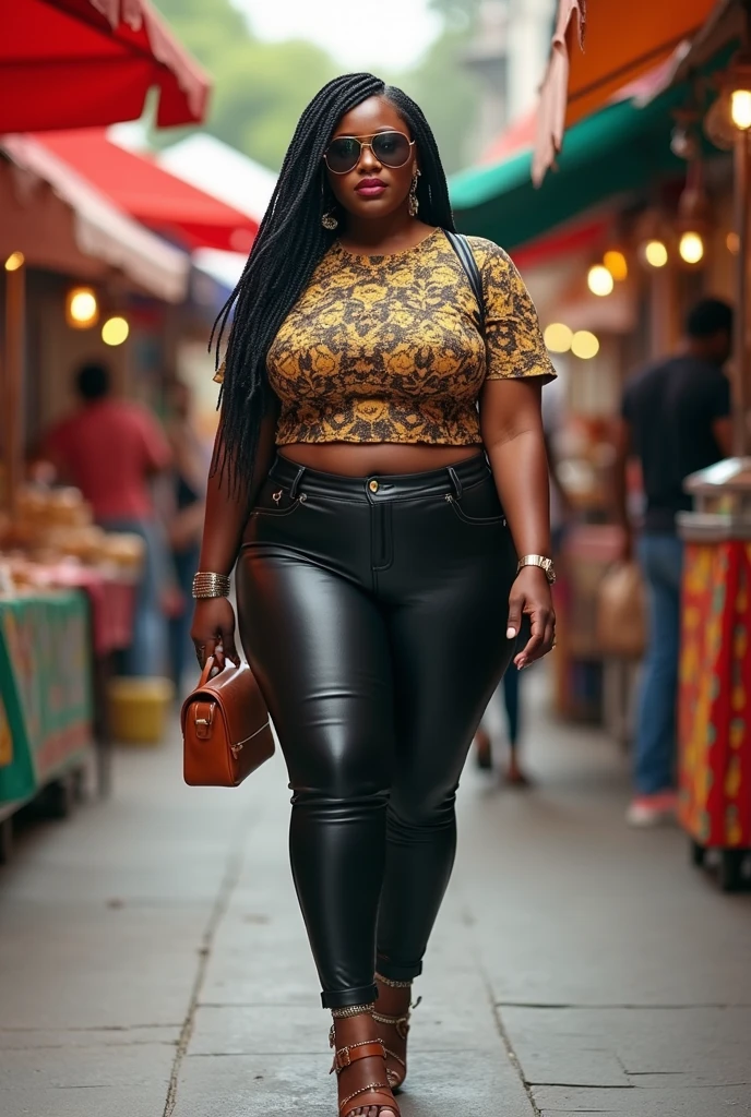 (best quality,realistic),(dark-skinned woman,beautifully proportioned woman:1.1),(standing:1.1),(125kg:1.1),(mini skirt,beautiful face,brown eyes),(curvy figure:1.05),(walking in the street)