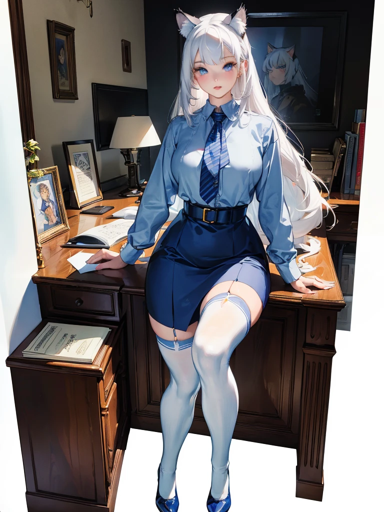 (best quality, masterpiece:1.2), illustration by hajime sorayama, perfect body, hyperfeminine curves, (detailed eyes), (detailed face), woman, long white hair, bangs, ponytail, cat ears, cat tail, light blue eyes, pale skin, curvy, high fashion outfit, office outfit, office uniform, stockings, solo