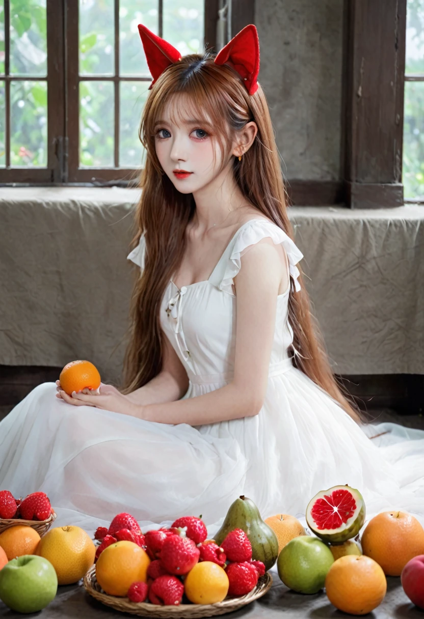 Long Hair,White dress,thin,Red ears,fruit,Collapse