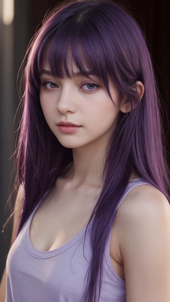 1girl in、beautiful vintage color、Instagram（Photorealsitic、hight resolution：1.4）、((Puffy eyes))、Staring at the viewer、、full body Esbian（8K、Raw photography、top-quality、​masterpiece：1.2）、（realisitic、Photorealsitic） :1.37)、(foco nítido:1.2)、Professional Writing、photon maping、Radio City、Physically Based Rendering、(de pele branca:1.2)、Viewer's Perspective、(Middle hair:1.5)、portlate、Purple Eye、(silber hair:1.1)、bangss、(symple background:1.4)、独奏、The upper part of the body、realisitic、(​masterpiece:1.4)、(top-quality:1.4)、(glowy skin)、fashionGirl、makeups、A smile(skinny、Mouth closure、full of shyness:1.3)、Colossal tits、sexypose、Realistic pores