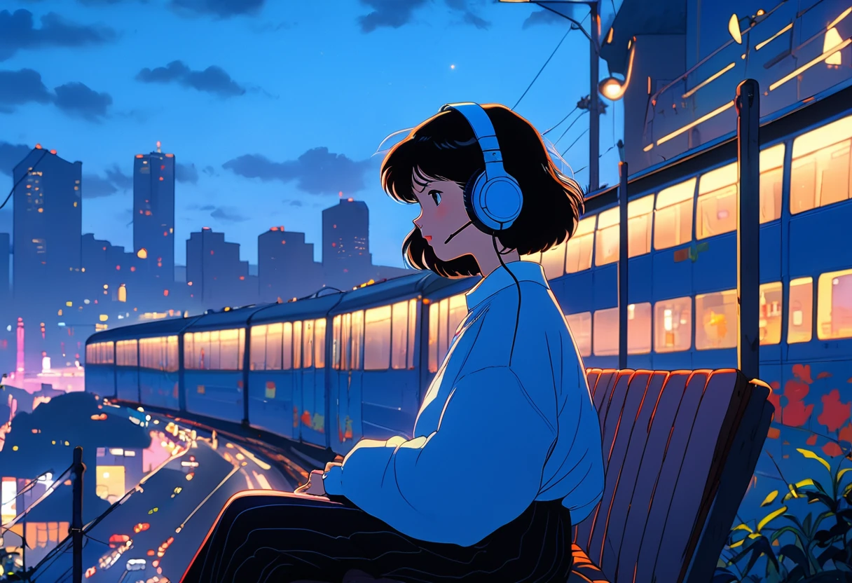 ((Best Quality)),(masterpiece)),(detailed),(Realistic),80s Anime、Wide angle shooting、Long-distance shot、Ghibli style、Lo-fi art style、Nostalgic、Cityscape at dusk、Woman sitting and listening to music、The girl is wearing headphones and has her eyes closed、Beautiful black hair with short hair