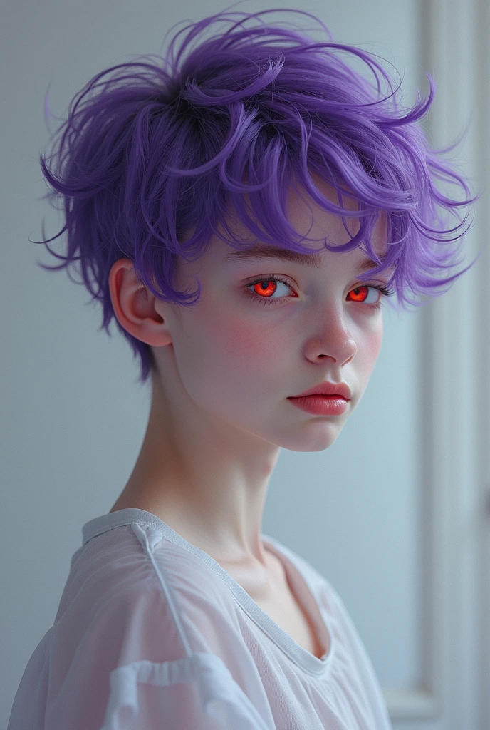 19 year old boy with white skin,
pale skin Messy hair 
European Handsome and attractive traits
Blood red hair
Red hair
Pink eyes 
Pink eyes
Punk eyes
Very pink eyes
Focusing only on his face
Wearing black clothes 