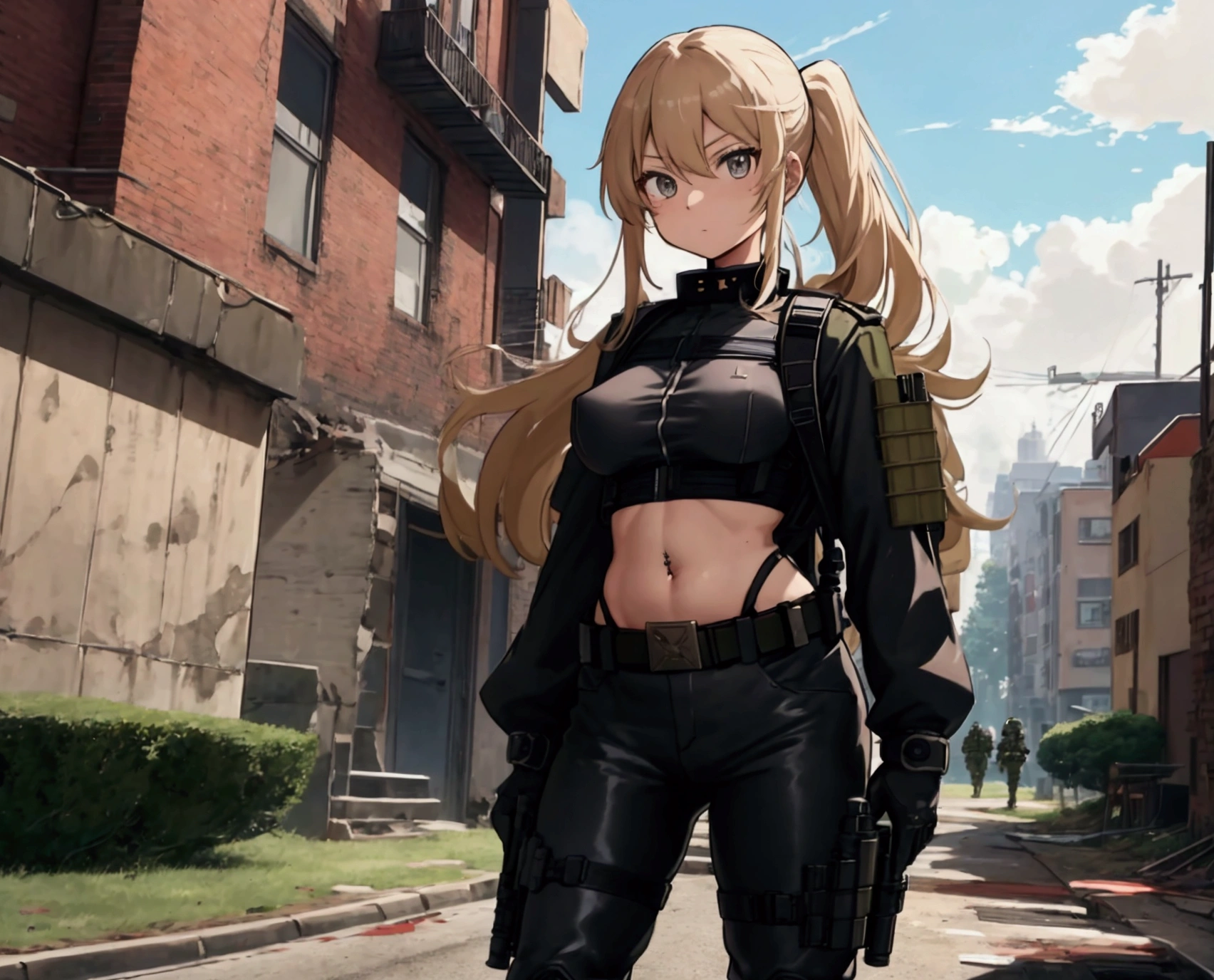 Military girl holding a rifle in her right arm and a backpack, , long hair, blonde hair, holding a high-quality rifle, her backpack, (high-quality model), (anime style), female soldier, black short shirt, military clothing, strong female figure, single female figure, futuristic combat equipment, body, large breasts, very low waist, (bulletproof clothing in front), (belly exposed), and a piercing in her navel, wearing a bulletproof military shirt, belt, black tight pants, long boots, New York City destroyed since the civil war, ruins in houses and streets