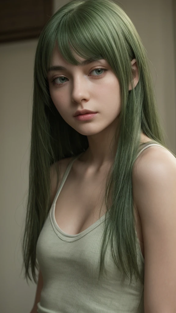 a girl. face sent feeling. Europe. Oval face. long face. delicate facial features. sad eyes. seductively seductive. green eyes. long straight hair. messy hair. green hair. shy. straight face
