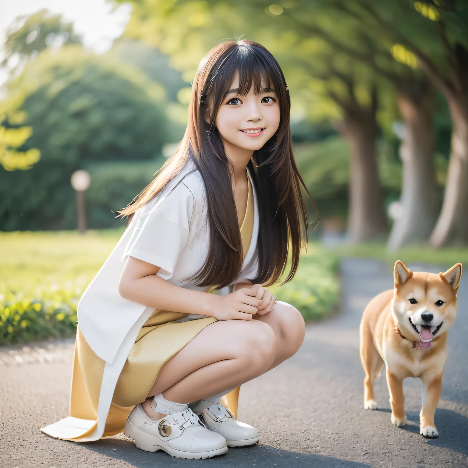 prompt: Very attractive with a backpack, (Crouching and resting with a cute puppy), Enjoy a lovely spring outing surrounded by beautiful yellow flowers and natural scenery. 1 girl,Cute face,smile,Mini skirt dress,Pink sneakers,The illustrations are in high resolution with 4K resolution., 12 year old girl with highly detailed facial features