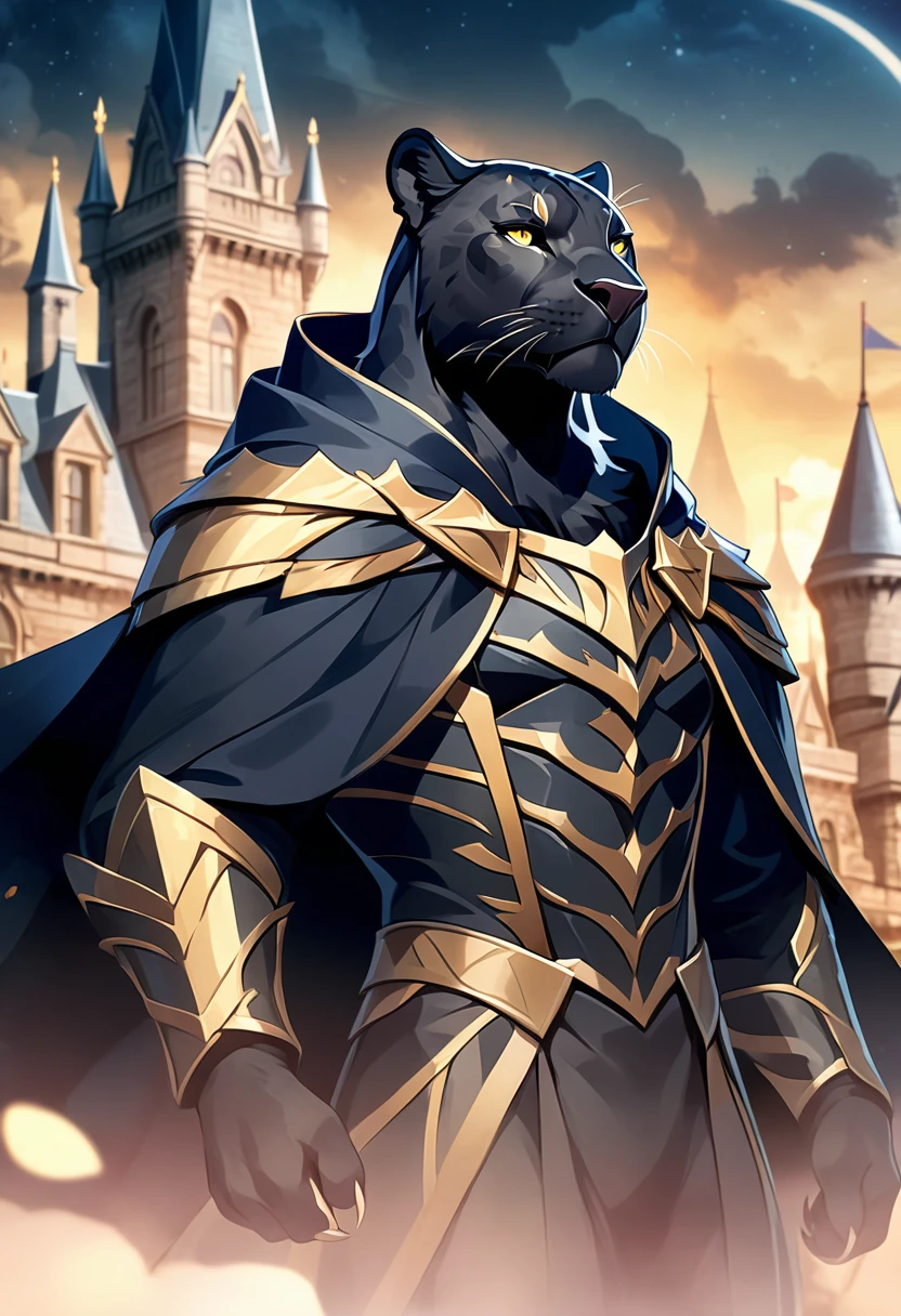 handsome black panther anthropomorphic donning pure black armor and a black regal cloak, yellow eyes, clawed gauntlets, victorian castle in the background, nightsky