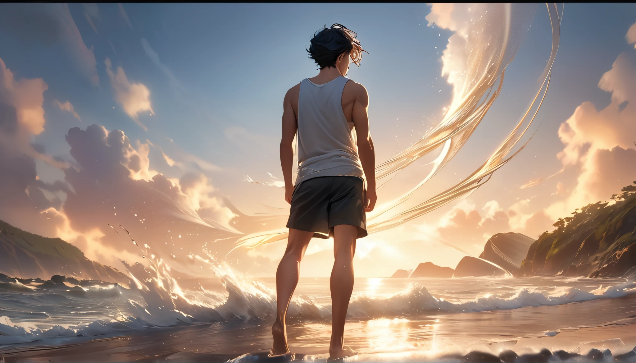 there is a man standing in the water with his arms outstretched, posing on a beach with the ocean, the sea and storms behind him, full body photogenic shot, posing on the beach, standing at the beach, at a beach, in a sea, the ocean in the background, doing a hot majestic pose, with backdrop of god rays, in the beach