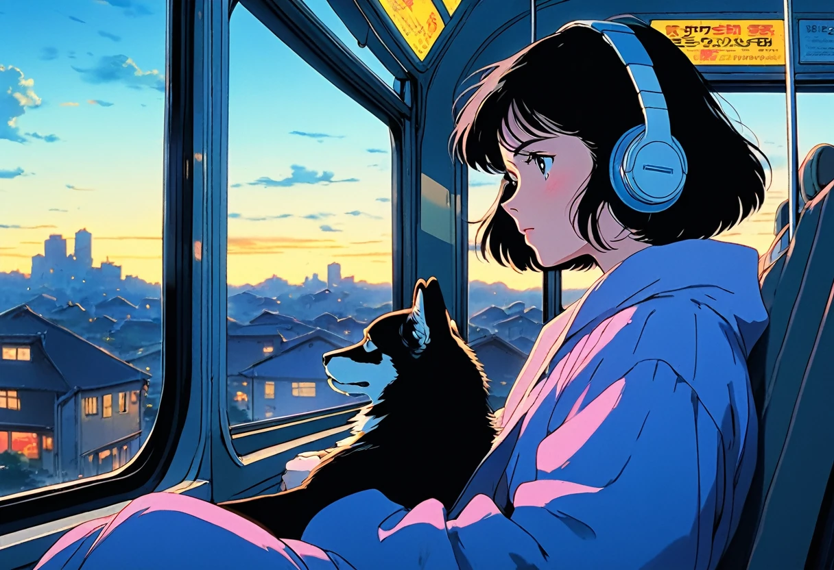 ((best quality)), (masterpiece)), (delicate), (realistic), 80's anime, wide angle shots, long shots, Ghibli style, low fidelity art style, nostalgia, cityscape at dusk, woman sitting in a bus listening to music, girl with headphones on and eyes closed, beautiful short black hair