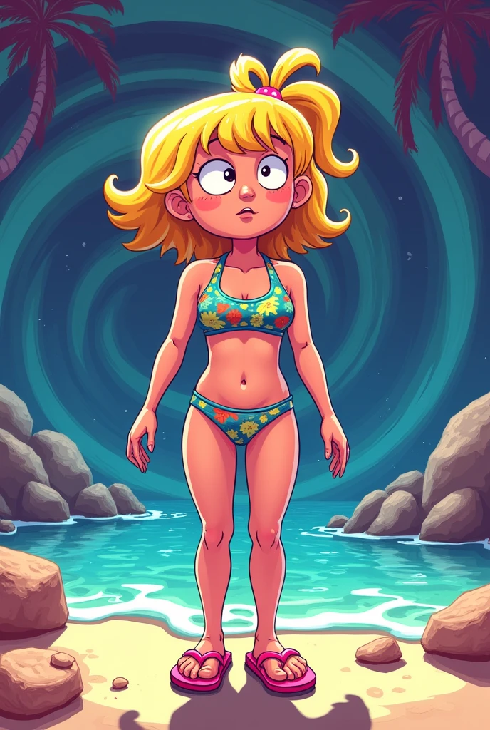 girl, solo, penny peterson, blonde hair, hairband, blue eyes, wearing (pink swimsuit 
top, no bottom ), smiling, one eye closed, full of detail, on a beach, cinematic lighting) (dynamic lighting), best quality, naked, showing pussy , touching pussy, hand on pussy