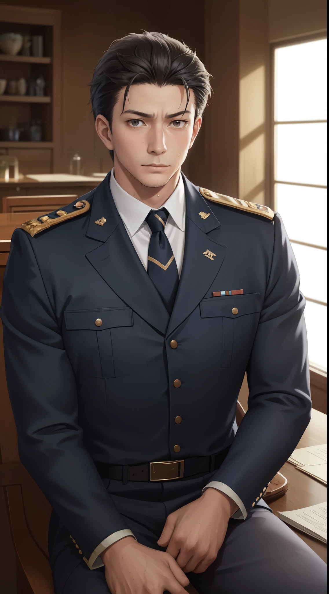 score_9, score_8_up, score_7_up, source_anime BREAK <lora:Andersen-JeloXL:0.9> jeloandersen, mature male, brown hair, blue eyes, facial hair, brown jacket, white necktie, belt, brown pants, indoors, standing, military uniform,