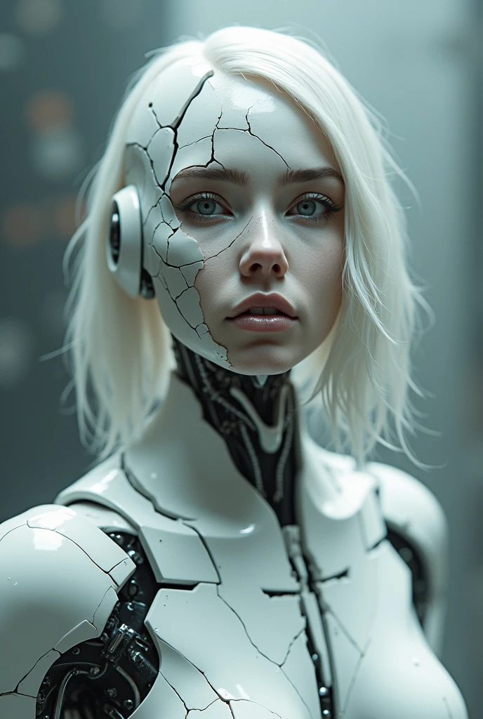 a closeup of a woman with a robotic skeleton on her chest, transparent acrylic clothing, cyborg - girl, cyborg - girl with silver hair, cyborg girl, cyborg woman, portrait of a female android, intricate trans-human, integrated synthetic android, ultra detailed female android, female face cybernetic machine, portrait of an android, perfect android girl, sci-fi female android, fashion photography