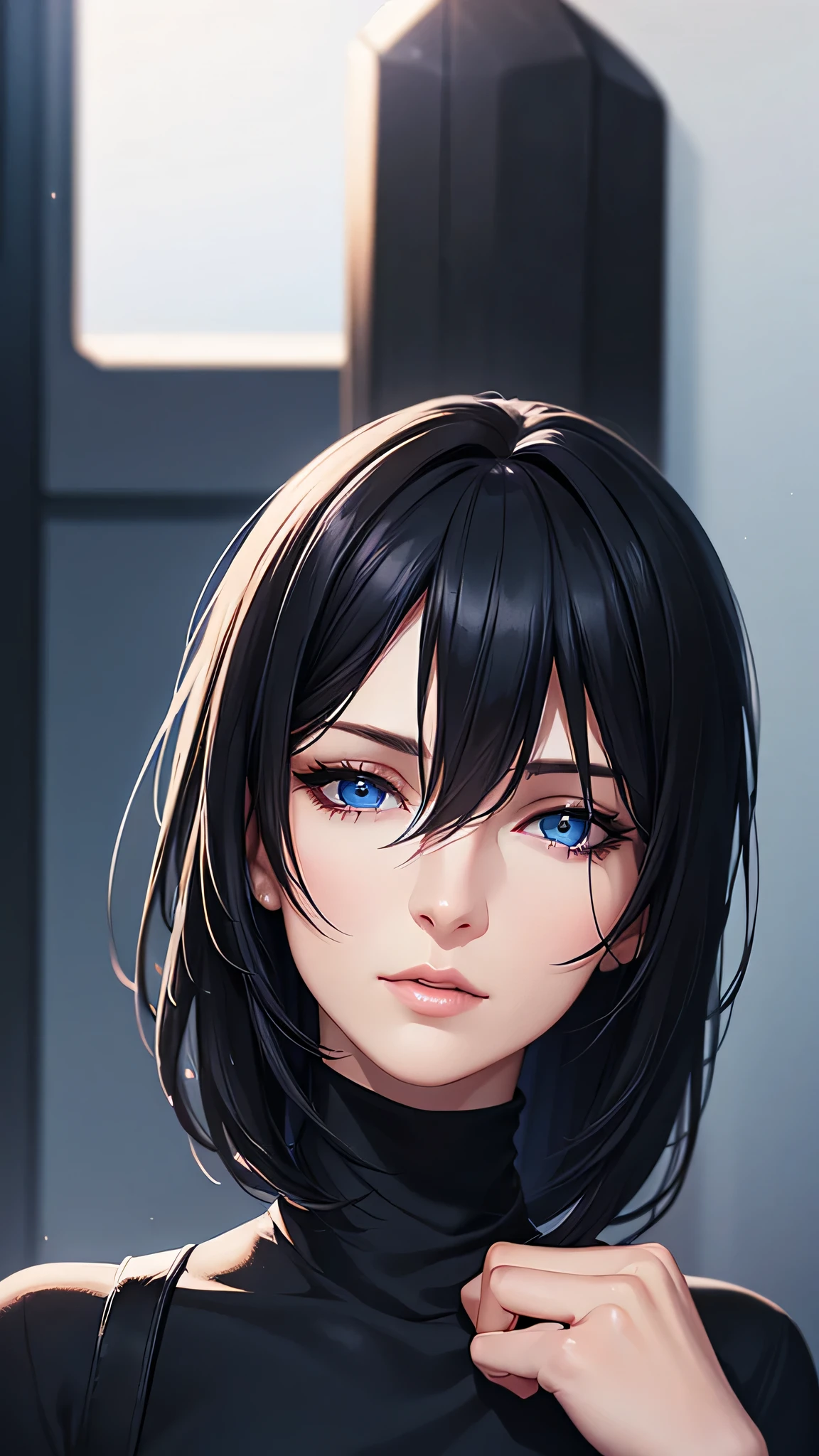 Anime girl with black hair and blue eyes posing for a picture - SeaArt AI
