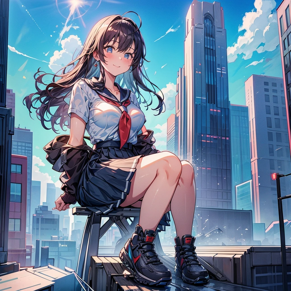 1girl, 15 years old, black hair, brown eyes, (socks:1.4), school uniform, bangs, genuine, highly detailed, happy, smiling, full body, anime girl sitting on a ledge in a city with a cityscape in the background, giantess art!!!