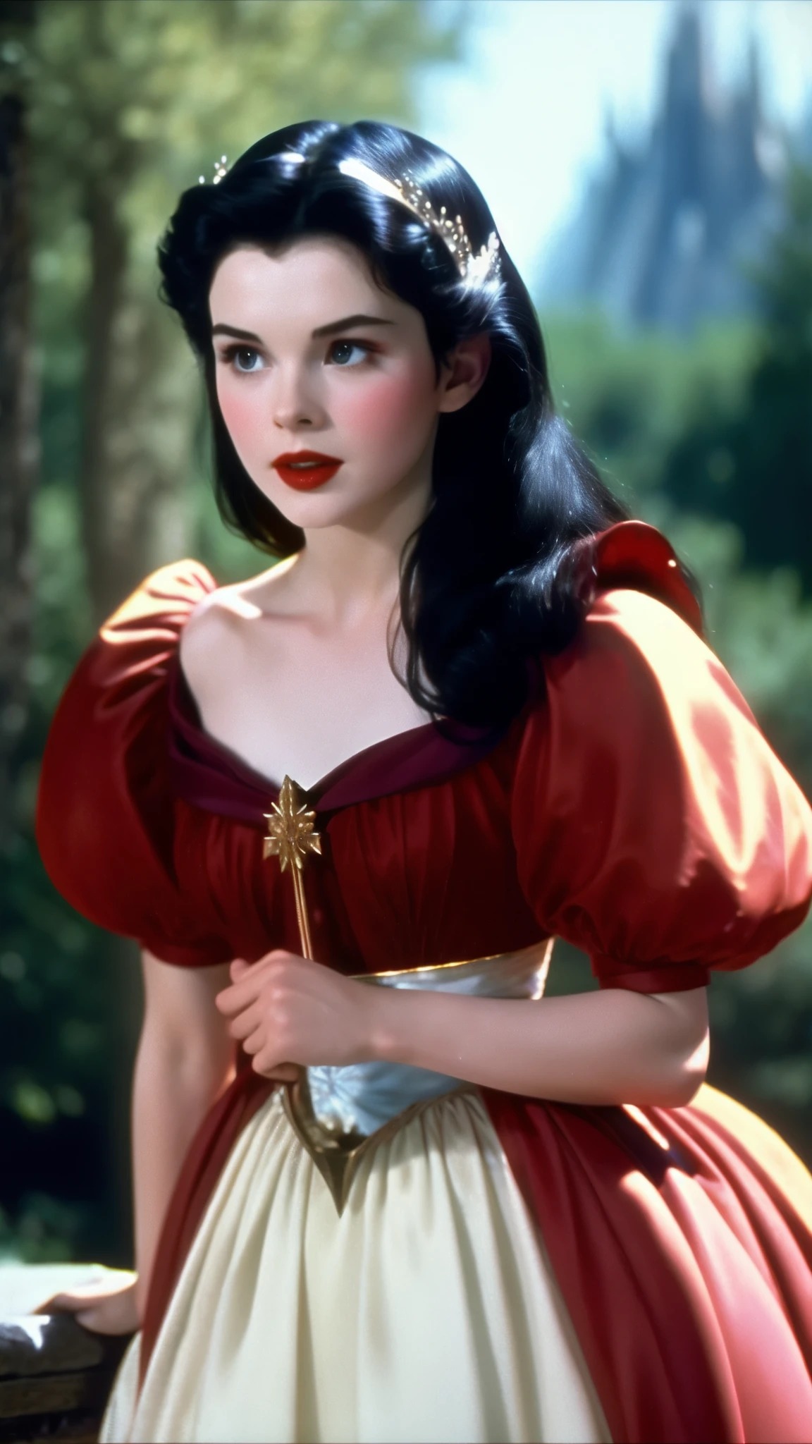 Princess Snow White vhs screengrab live action 1984 dark fantasy, chromatic aberration, red gown, very pale skin