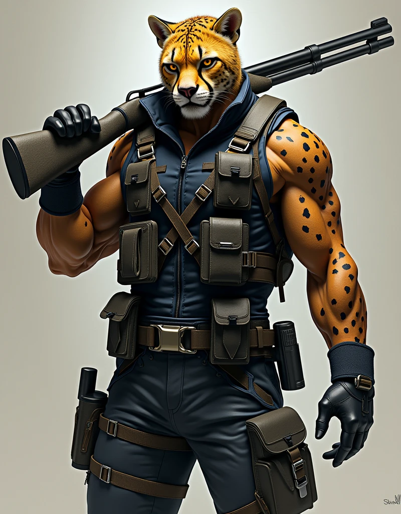 /imagine RPG, realistic tall man, he has face of a wild cheetah, , tall figure with cheetah and and angry expression, he is wearing a special modern assassin suit suitable for carrying different weapons with many garters and belts. holding a shotgun on his shoulder, highly detailed, standing 3/4 view, medium shot, dynamic pose, masculine figure