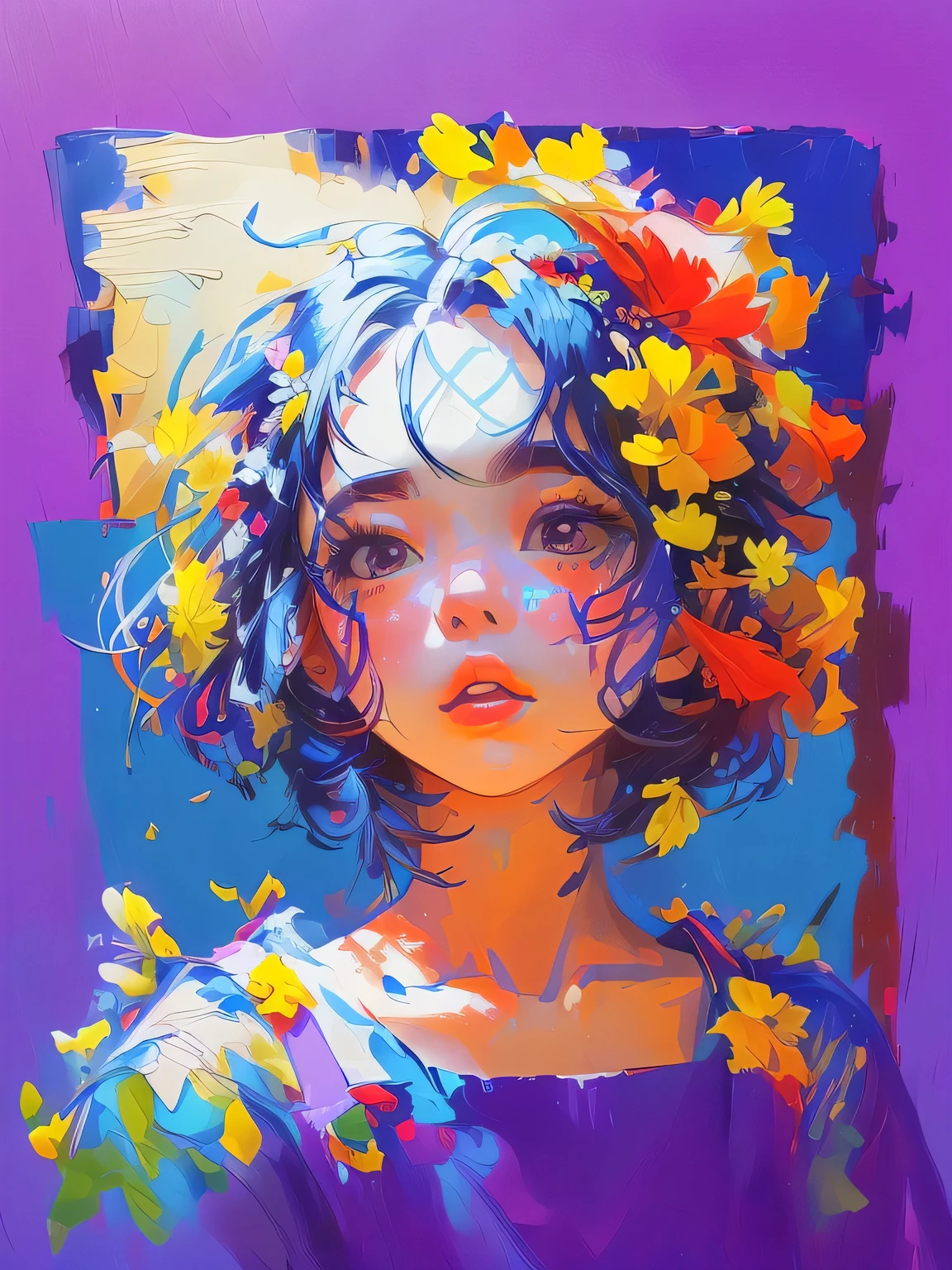 Oil painting style，Blue Background，A young girl，Wearing many colorful flowers on the head，Bright colors，4K