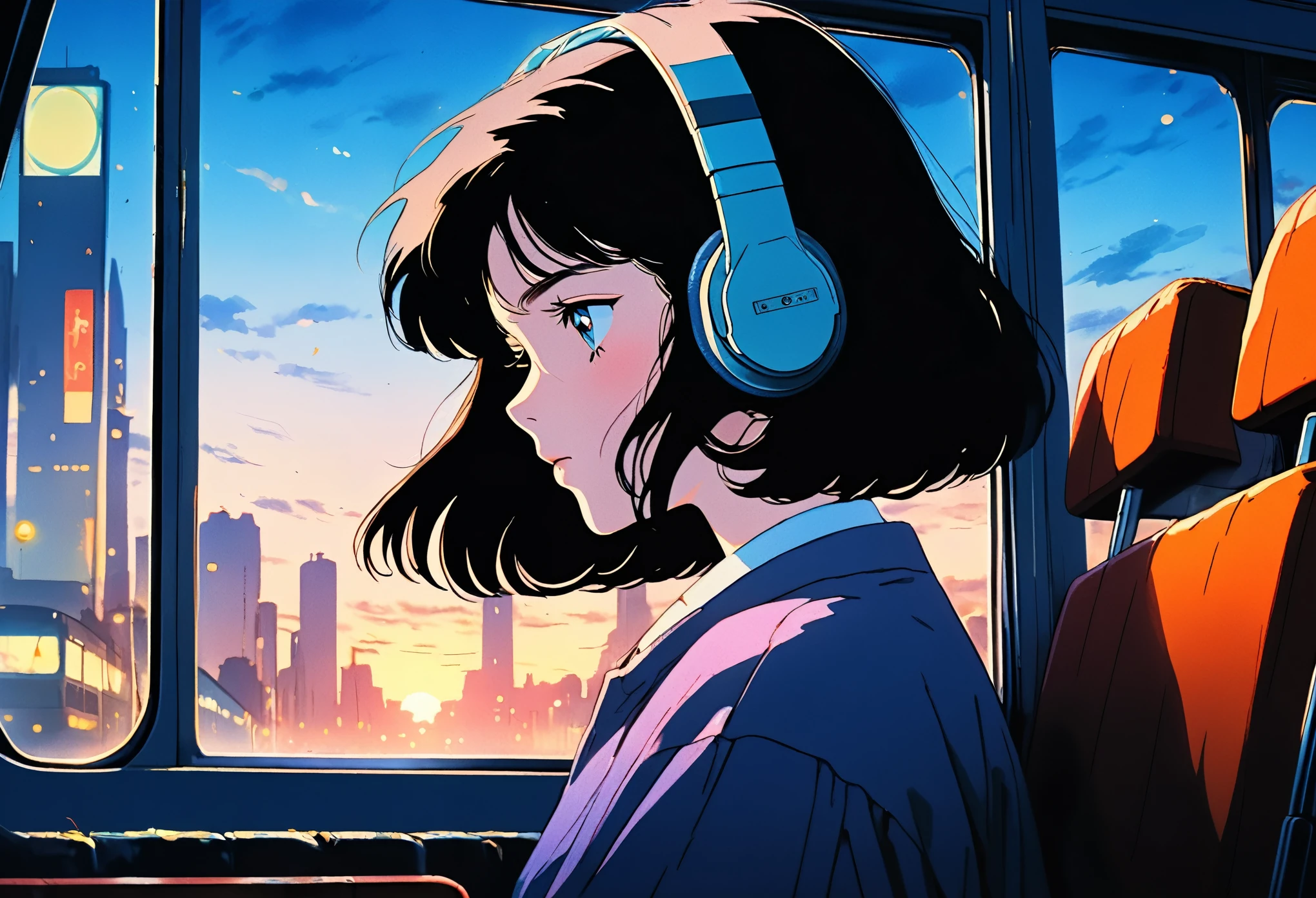 ((best quality)), (masterpiece)), (delicate), (realistic), 80's anime, wide angle shots, long shots, Ghibli style, low fidelity art style, nostalgia, cityscape at dusk, woman sitting in a bus listening to music, girl with headphones on and eyes closed, beautiful short black hair