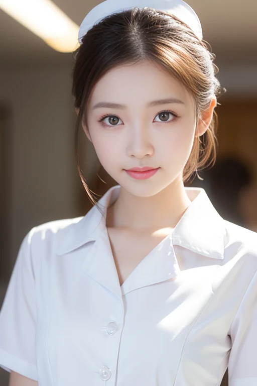 masutepiece, Best Quality, Illustration, Ultra-detailed, finely detail, hight resolution, 8K Wallpaper, Perfect dynamic composition, Beautiful detailed eyes, White nurse attire,Bob Hair, mid-chest, Natural Color Lip, Random and sexy poses,Smile,20 years girl Colossal tits、bath room、White nurse's hat