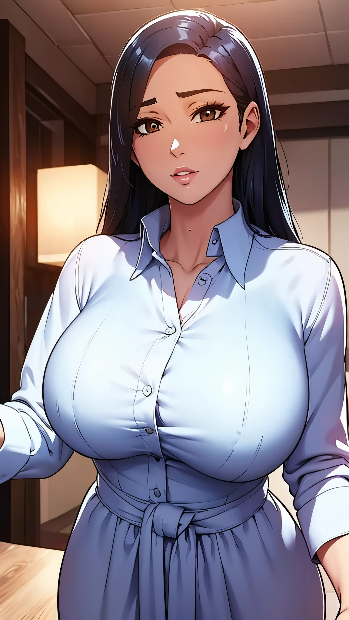 8K,high quality,anime,married woman,fair skinned,beautiful face,small face,clean,bright,eye highlights,sexy,super big tits,beautiful line drawing. Black hair, white skin, brown eyes,1 girl, solo, long hair, (bust), shirt, black hair, white shirt, lips, realistic, (background is night scene), (heavy rain), described from head to waist, ((body is wet)),