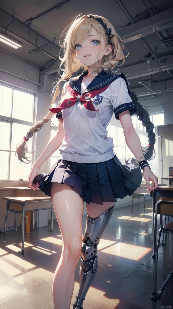 Full Body Shot,Perfect Eyes, Soft Light, high quality, 8k resolution, Masterpiece: Finely textured skin, Attention to detail, 最high quality, Awards, Very detailed, high quality,((Teenage Girls,Student Uniform,High school girl,Body 30％mechanical,Laugh naturally:1.35,The left leg is a prosthetic:1.25,His right arm is a complete prosthetic.,,Prosthetic arms and legs are futuristic,Soft looking lips,Glowing skin,Hair is braided,Hair Accessories,Soft-looking skin:1.25)),100 Meter Sprint:1.25,Running at full speed,I&#39;m good at running,Dust rises from under my feet,Crouching Start