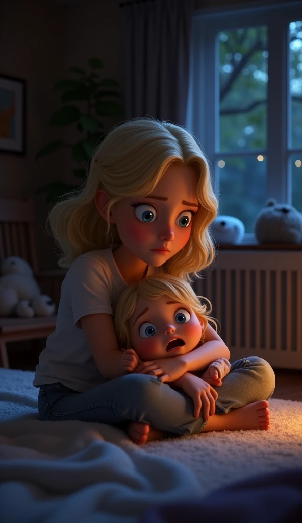 A blonde teenage girl with light brown eyes and a pink blouse crying and hugging her mother who was lying in a hospital bed, the mother is on breathing apparatus, she even opened her eyes, but can't move, She is also blonde and is wearing white clothes, disney pixar style.