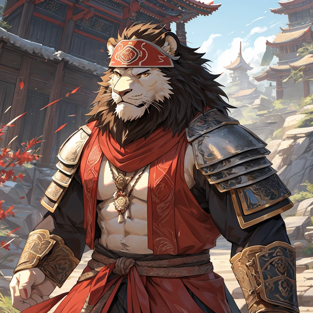 brave, majestic and noble lion samurai warrior,(White fur all over the body), Wears highly detailed red samurai armor..,He has a red mask on his head., reminiscent of an ogre.&#39;horns., Sengoku period,He has a black and gold fan.., very detailed background, cherry blossoms, blowing in the wind, 完璧なmasterpiece, high quality, High resolution recorded boundary depth, perfect lighting, (particles of light),(最high quality),(masterpiece),(Ultra de Shippo Ed),clear focus,particles of light