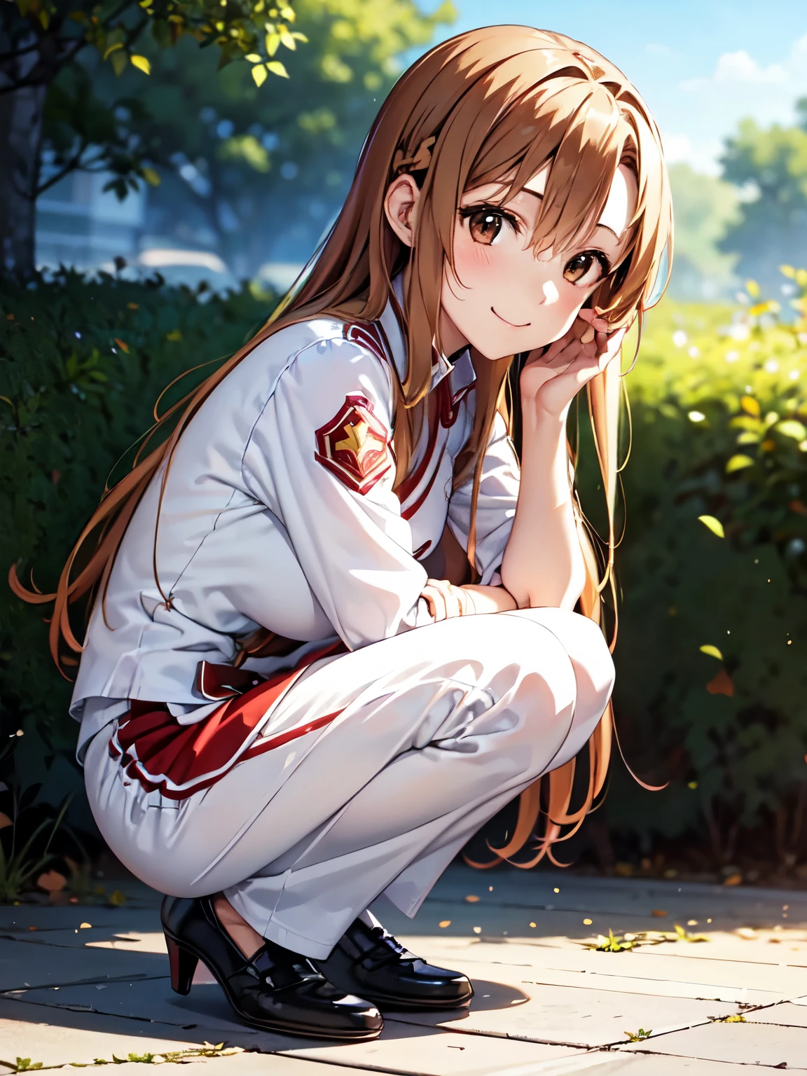 Best Quality, super high quality,One Girl,Side shot、(Anime illustration style:1.2),Asuna Yuuki、Brown hair and brown eyes、Red and white uniform、8K images、Real、Absolute reference to the center、pants、smile、Closed Mouth、Very detailed eyes、Highly detailed face、Highly detailed eyes,Cowboy Shot, (Realistic, Photorealistic:1.2),, Shift the center of gravity backwards, Quite embarrassing, (Squat:1.4), Place your heels on the ground, Please spread your legs a little, Squat,Raise your knees, Get down to the ground