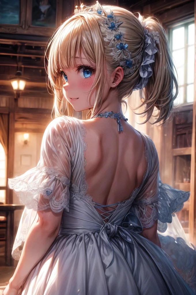 highest quality、4K quality、lean against the wall、Beautiful cleavage、high school gal、Frilled Skirt、Beautiful Style、tall、Small breasts、Shooting from behind、Looking back、Bare buttocks、Small Ass、Blonde short bob、Put your hands on the wall、Shy face、20-year-old female college student、Bare shoulders、ultra detail eye
