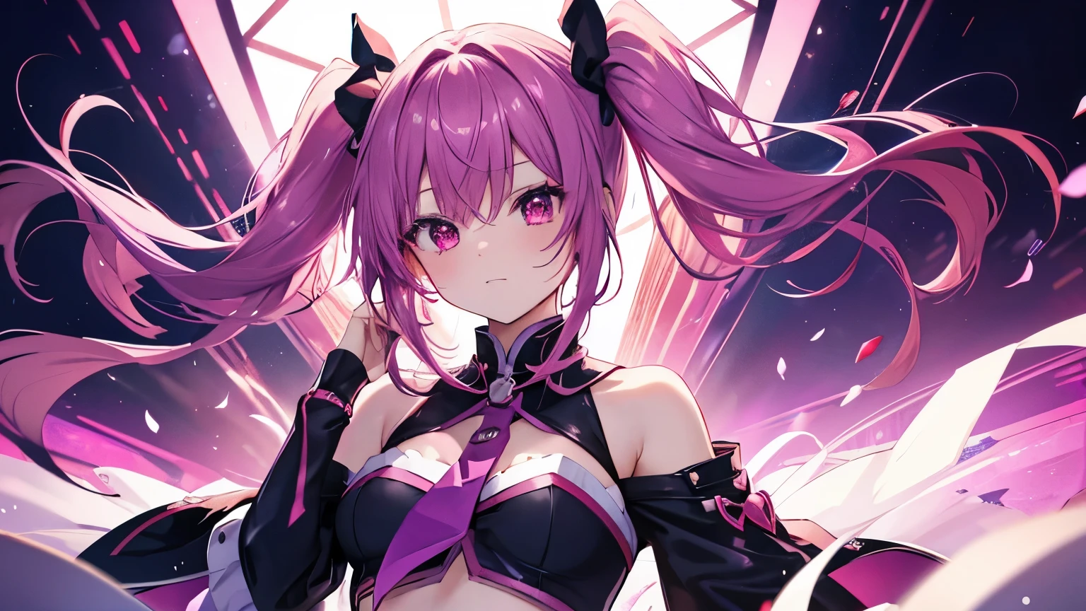 light purple hair, short twintails , yellow eyes, big breasts:, blushing very hard,  small stature, no shoes, happy expression,teasing,high quality, masterpiece, dynamic light,cyberpunk city , black bra, white jacket, miniskirt, black leggings, nsfw