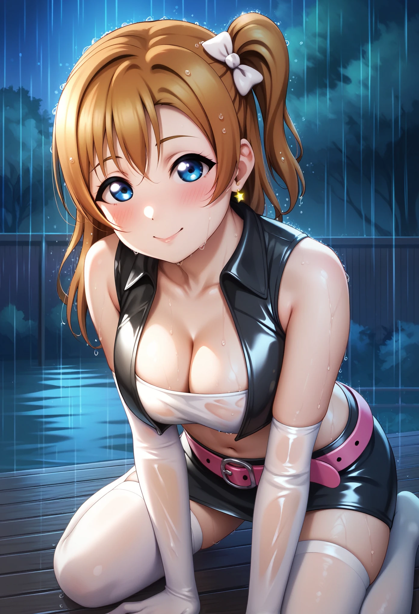 (Masterpiece, Best Quality, High Quality), realistic , love live,kousaka honoka , kousaka honoka,id_honoka_kosaka,love live, blue eyes, brown hair, 8k wallpaper, golden earrings, night,rain,wet , erotic figure, (blushing:1.2),black skirt , black latex cropped vest, white tube top, white thighhighs, white elbow gloves, cleavage ,belt,skindentation,on knees, side ribbon