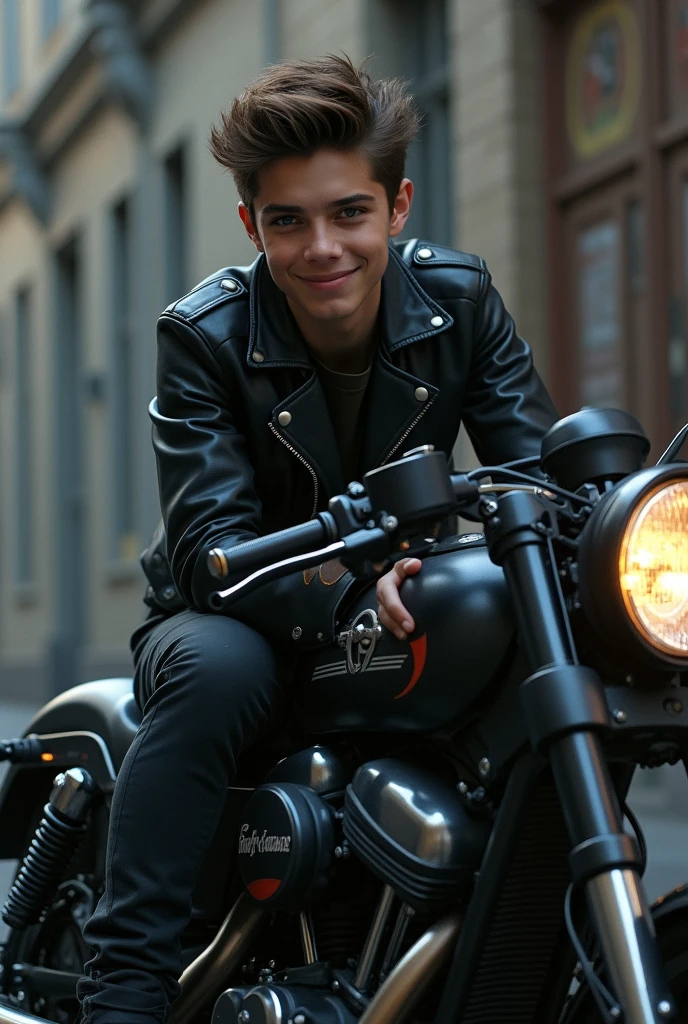 ((best quality)), ((masterpiece)), (detailed), male, perfect face, brown eyes, realistic twink, in a motorbike, wearing leather jacket, thin, lean, slim, blush on face, freckles on face, naked, erect, big dick, undercut hair