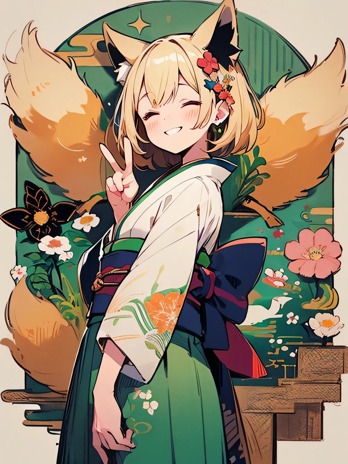 sideview,(looking at viewer),solo,((wariza)),(bluntbangs:1.2),cute face,blonde,fox ear,(green color japanese flower design kimono),(peace sign),dainty,closed eyes smile,elegant,flowers,birds,wind and moon,(kaleidoscope),(manga style),(sketch),(illustration),