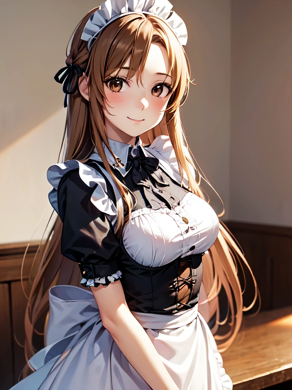 Best Quality, super high quality,One Girl,Side shot、(Anime illustration style:1.2),Asuna Yuuki、Brown hair and brown eyes、(victorian maid outfit:1.5)、8K images、Real、Absolute reference to the center、gosurori、smile、Closed Mouth、Very detailed eyes、Highly detailed face、Highly detailed eyes,Cowboy Shot, (Realistic, Photorealistic:1.2)、joy、blush