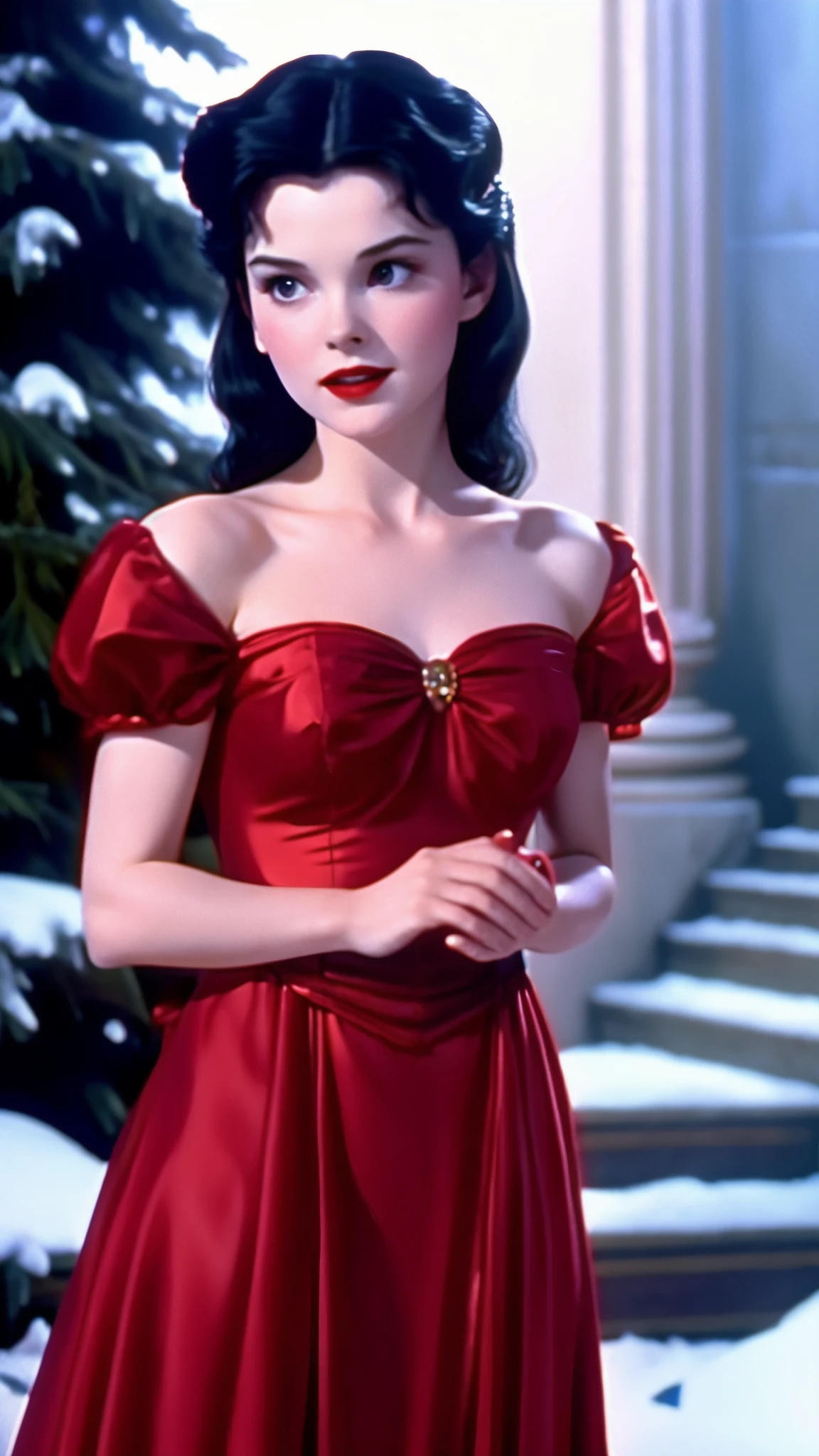 Princess Snow White vhs screengrab live action 1984 dark fantasy, chromatic aberration, red gown, very pale skin