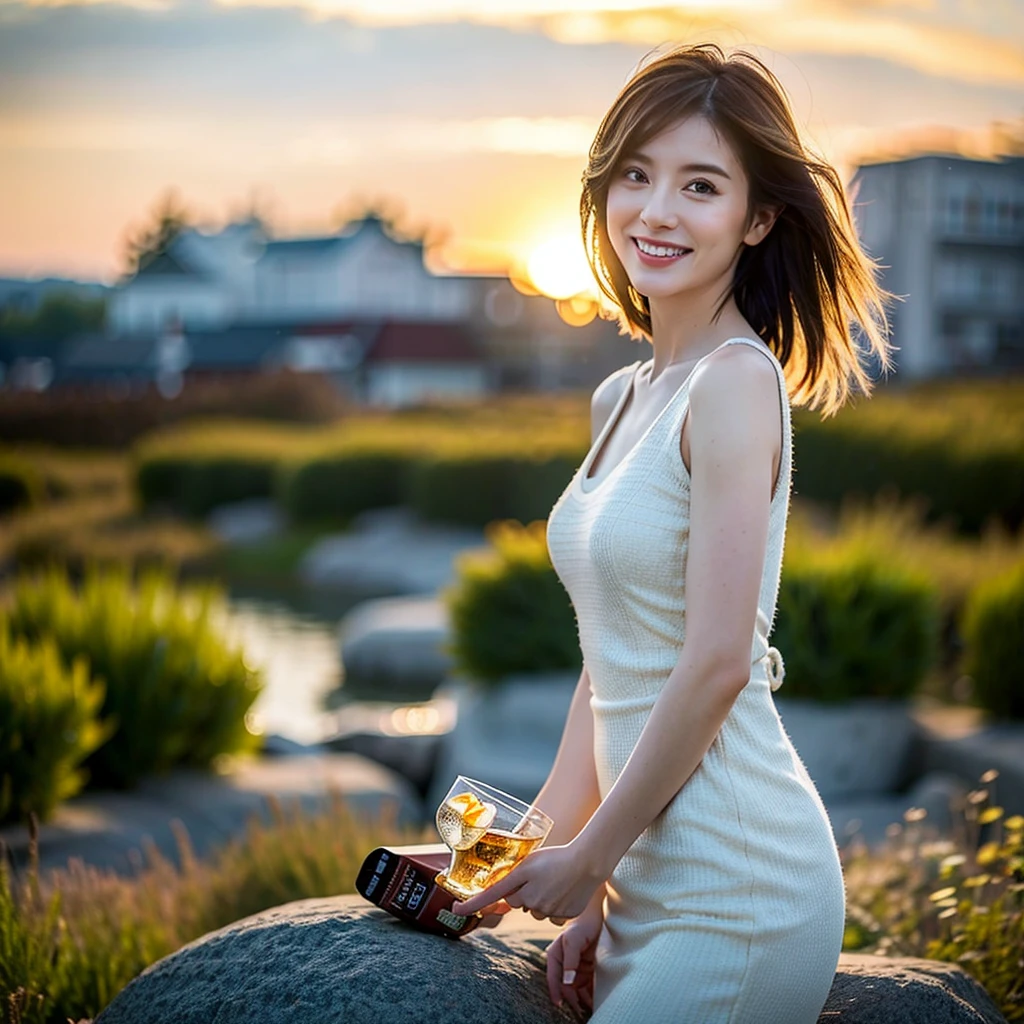 (Realistic, 超Realistic:1.4), 16K HDR, High resolution,((Whiskey Glass)),((Whiskey Bottle)),((Whiskey Glass)),Happy smile、Short Hair,The best smile、Japanese actress,so beautiful(It looks like the real thing),Evening Dresses,Cocktail Dresses、Whiskey Bottle、The Macallan、Johnnie Walker、、Old Parr、whiskey、Slim couple、Model Couple、(Realistic, Intricate details:1.2), Single Malt、scotch、Rock Glass、Shot Glasses、Whisky on the Rock、Scotland、Amazing view of the sunset and clouds、,Digital SLR camera, Soft lighting, Detailed Background, Volumetric lighting, Sharp focus, super Realistic 肌,so beautiful表現です,Cloud Effect:1.2、プロ品質のHigh resolution、Best Quality,Slim figure,Highly detailed face,Fine grain,Beautiful Lips,Excellent light particles,Cinema Lighting,blue eyes,