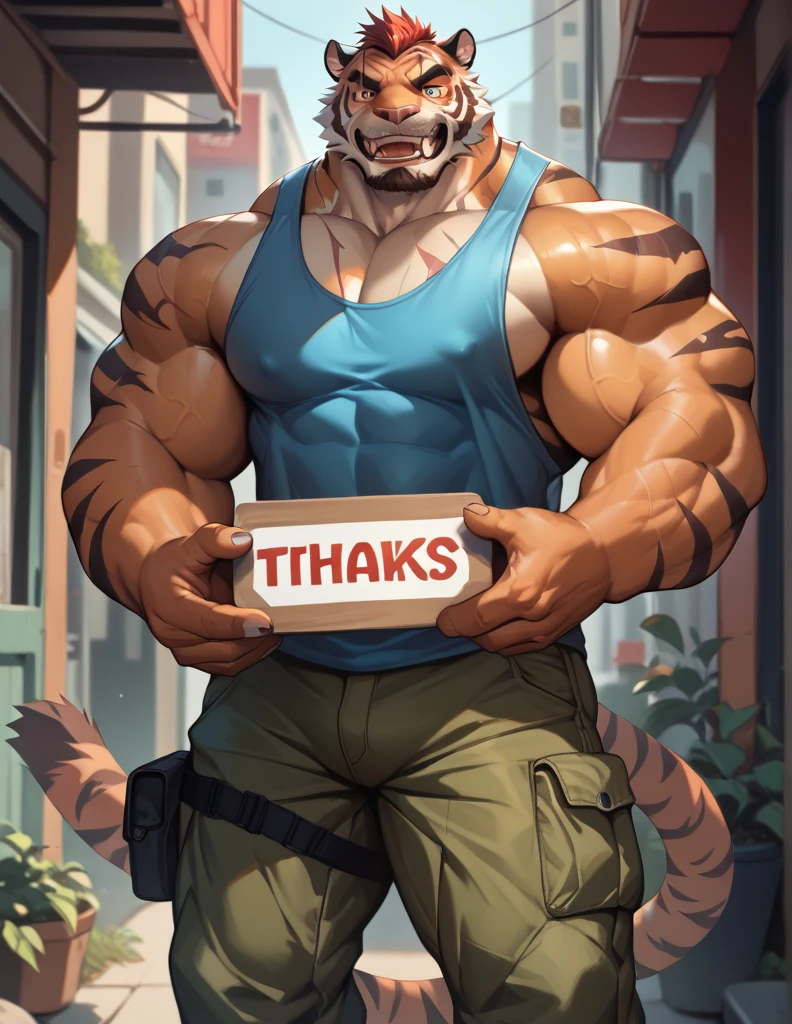 huge muscular tiger, cargo short, tank top, part, holding sign with text "thanks 300 follower", look at viewer, scar over eyes