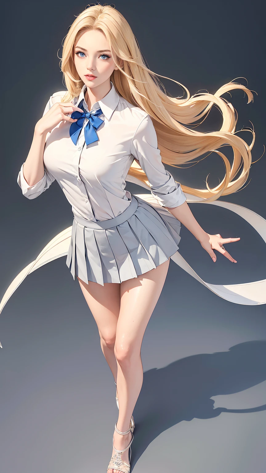 Highest quality, masterpiece, Ultra-high resolution, (Reality: 1.4), Original photo, 3d models & 3d anime, battlefield background, white skirt, blonde hair, female knight armor, white armor, White knight armor, long hair, bangs, white cloak, standing position, white underwear, white panties, skirt turned up, panty shots, blushing, glaring, medium length skirt, pounce pose, Blonde, ponytail, White knight armor, White Skirt, White Cape, White underwear, White panties, Skirt flipped up, Panty shot, blush, Glaring